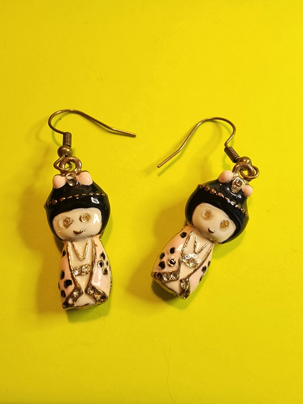 Kokeshi Black and Pink Doll Drop Earrings - Women Jewelry